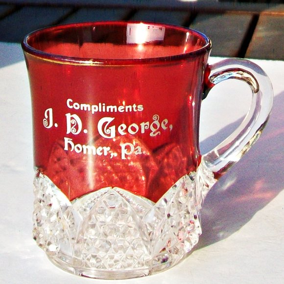 RUBY Flash Pressed Glass EAPG Complimentary Cup J D George Homer PA Silver Print - Picture 3 of 8